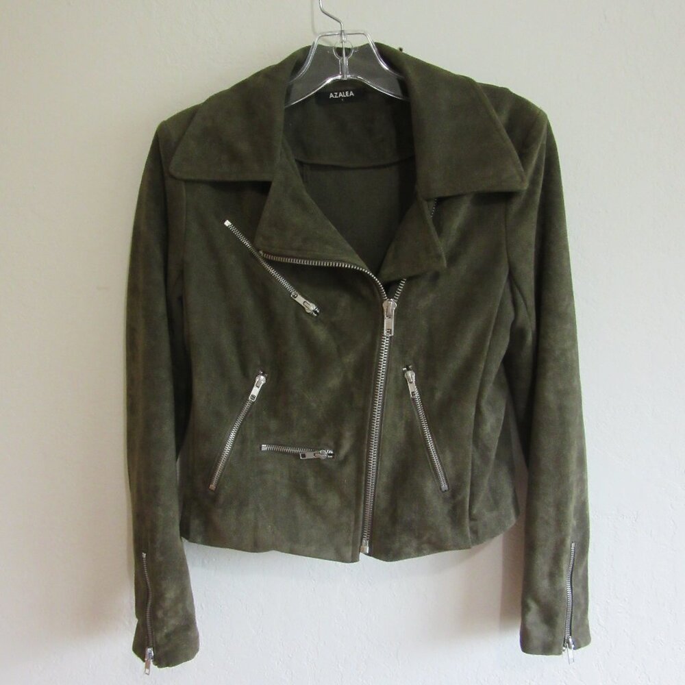 AZALEA Olive Green S Moto Zip Closure Faux Suede Jacket
